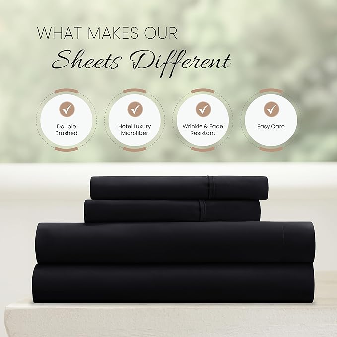 Linen Market Bed Sheets for Queen Size Bed (Black) - Sleep Better Than Ever with These Soft and Cooling Queen Sheets - Deep Pocket Fits 16" Thick Beds - 4 Piece Queen Sheet Set - LeafyLoom