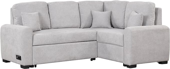 87.4" L-Shape Sectional Sleeper Sofa with Chaise &Pull-out Bed, Chenille Upholstered Couch w/USB Ports, Power Sockets and 3 Pillows, for Living Room, Apartment, 87.4 Inch, Gray - LeafyLoom