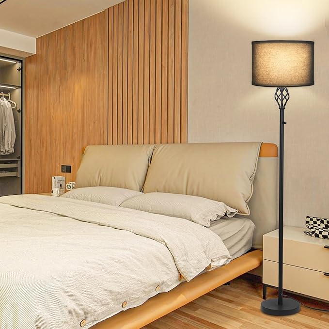 Dimmable Floor lamp, Floor Lamps for Living Room, Modern Standing Lamp with Black Linen Shade, Rotary Switch, 10W LED Bulb(1000LM, 2700K), Reading Tall Floor Lamp for Bedroom Office Dinning Room - LeafyLoom