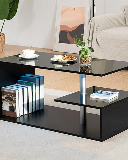 HOMMPA LED Coffee Tables for Living Room Modern Coffee Table with S-Shaped 3 Tiers Open Storage Shelf High Gloss Black Center Sofa Tea Table with LED Lights for Home Office Furniture - LeafyLoom