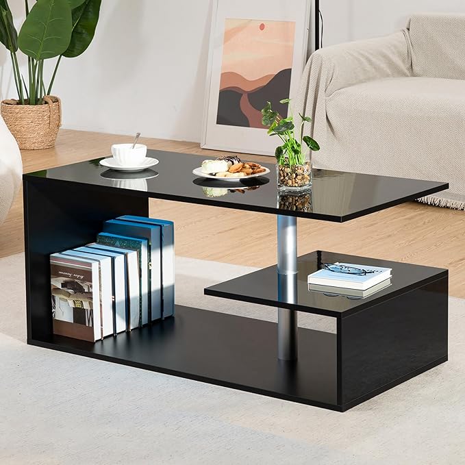 HOMMPA LED Coffee Tables for Living Room Modern Coffee Table with S-Shaped 3 Tiers Open Storage Shelf High Gloss Black Center Sofa Tea Table with LED Lights for Home Office Furniture - LeafyLoom