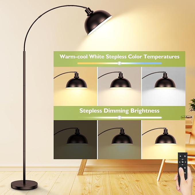 Arc Floor Lamps for Living Room,Modern Tall Standing Lamp Remote Control,Stepless Dimmable Bronze Floor Lamp with Hanging Dome Shade,Over Couch Arched Reading Lamp for Bedroom, Office (Bulb Included) - LeafyLoom