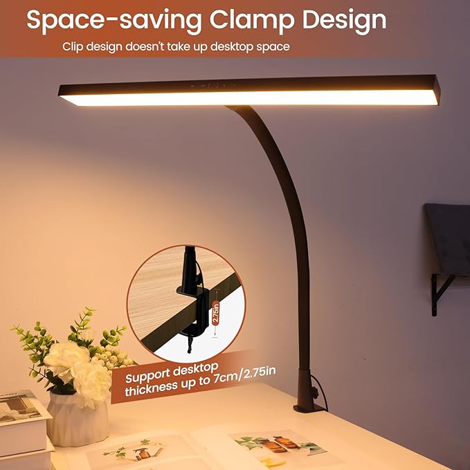 LED Desk Lamp with Clamp, 23" Wide Desk Light for Home Office, 20W Brightest, 2000LM, 3 Color Modes & Dimmable Brightness with Touch Control, Tall Flexible Light for Monitor Studio Reading - LeafyLoom