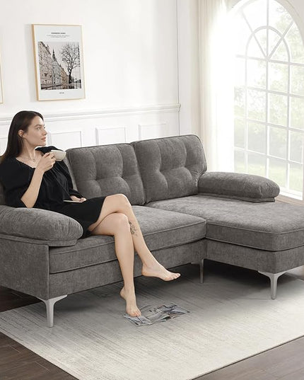 EASELAND 82" L-Shape Sofa with Reversible Chaise Lounge, Convertible Sectional Sofa Couch, Chenille Modern Sofa Couch for Living Room, Apartment and Office, Removable Cover (Grey) - LeafyLoom
