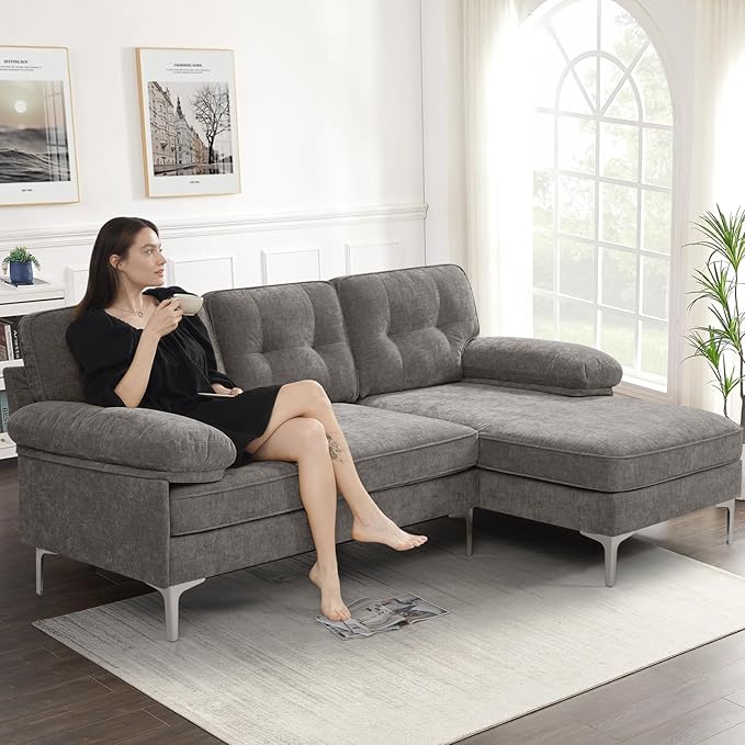 EASELAND 82" L-Shape Sofa with Reversible Chaise Lounge, Convertible Sectional Sofa Couch, Chenille Modern Sofa Couch for Living Room, Apartment and Office, Removable Cover (Grey) - LeafyLoom