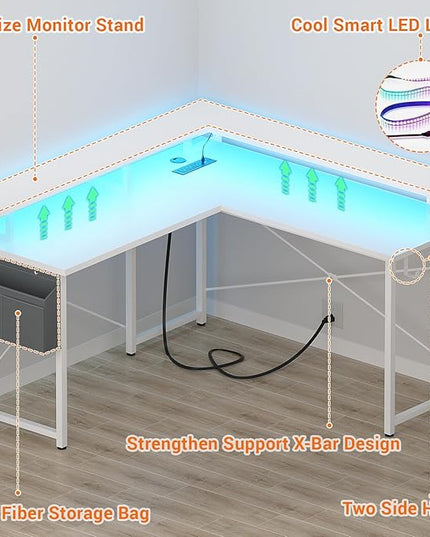 armocity L Shaped Computer Desk with Power Outlets, Gaming Desk L Shaped with LED Lights, Corner Desk with Storage Shelves, Work Study Desk for Bedroom, Home Office Small Spaces, 47'', White - LeafyLoom