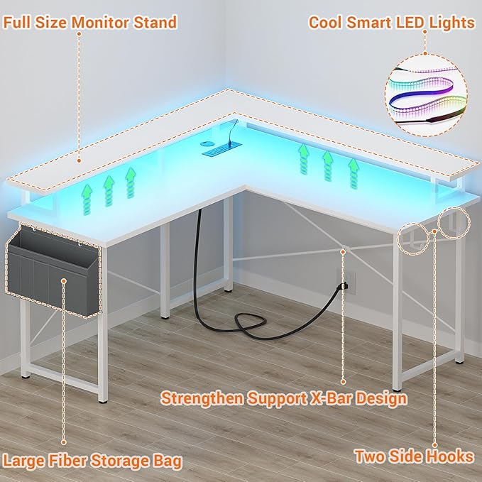 armocity L Shaped Computer Desk with Power Outlets, Gaming Desk L Shaped with LED Lights, Corner Desk with Storage Shelves, Work Study Desk for Bedroom, Home Office Small Spaces, 47'', White - LeafyLoom
