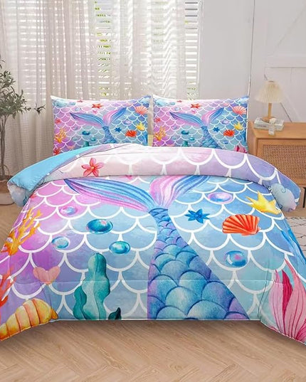 NINENINE Mermaid Bedding Sets,Girls Comforter Sets Queen, Princess Bedding Queen,Mermaid Comforter Ocean Fish Scales Bedding Sets with 1 Comforter 2Pillowcases - LeafyLoom