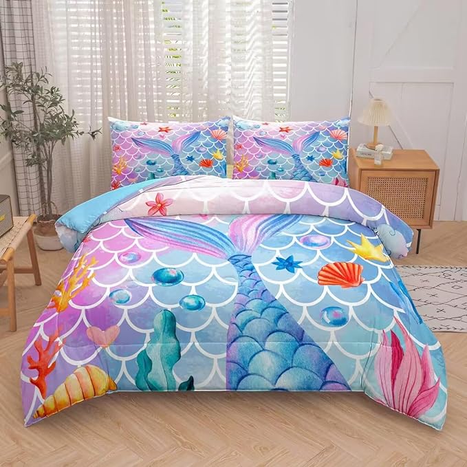NINENINE Mermaid Comforter Sets,Full Size Girls Bedding Set,Girls Princess Comforter Sets Full Size,Colorful Ocean Fish Scales Comforter Set with 1 Comforter 2Pillowcases - LeafyLoom