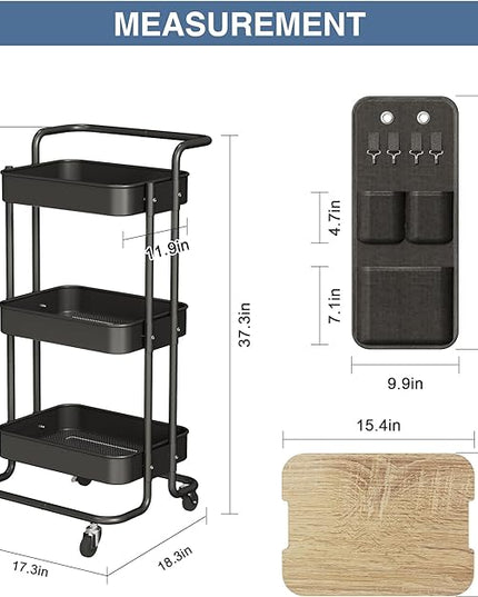 DTK 3 Tier Metal Utility Rolling Cart with Table Top and Side Bags, Tray Storage Organizer Wheels, Art Craft 4 Hooks for Kitchen Bathroom Office Living Room (Black) - LeafyLoom