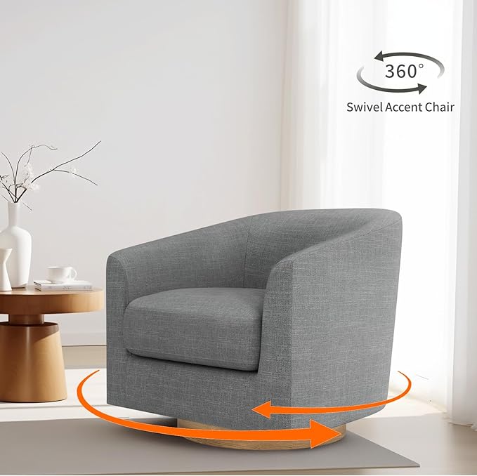 MUUEGM Accent Chair with Arms, 360 Degree Swivel Accent Chair with Wood Base, Modern Barrel Chair for Living Room, Bedroom, Waiting Room, Fully Assembled,Performance Fabric in Dark Grey - LeafyLoom