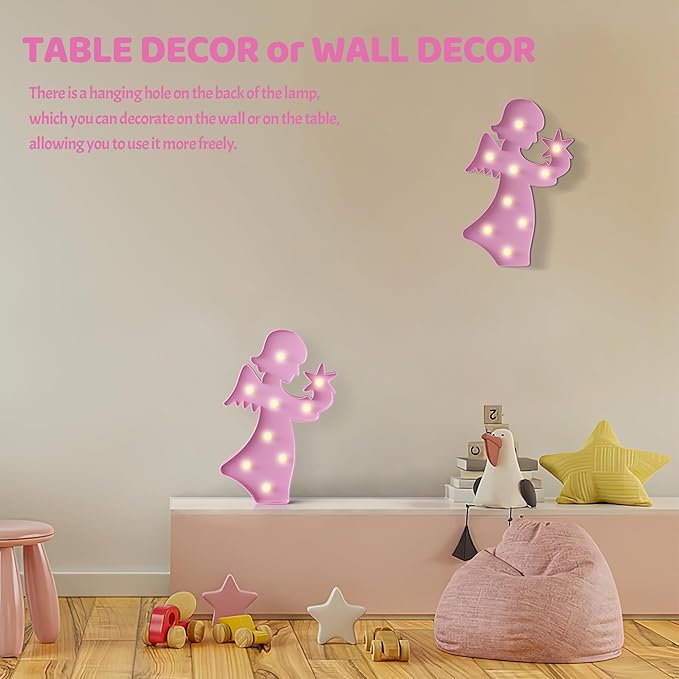 Angel Pink Party Decorations, Battery Powered Angel Night Light for Kids, Girl Birthday Party Decorations, Pink Room Decor for Girls, Pink Wall Decor for Girls Bedroom - LeafyLoom