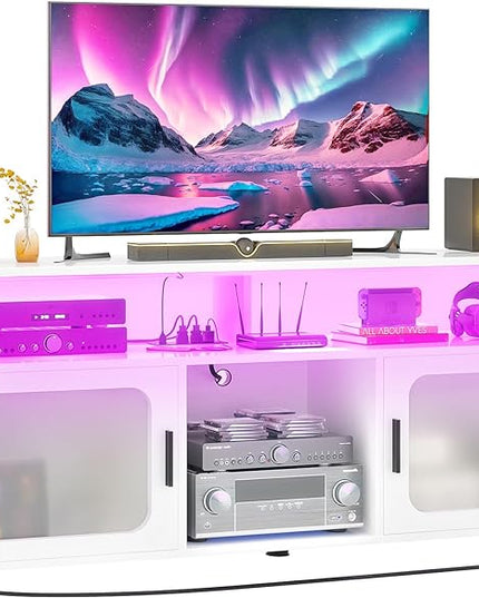 Aheaplus TV Stand for 55 60 Inch TV, Entertainment Center with LED Light & Charging Station, TV Console Table, Large Media Console Cabinet w/Soundbar Shelf, Cord Holes, for Living Room, Bedroom, White - LeafyLoom