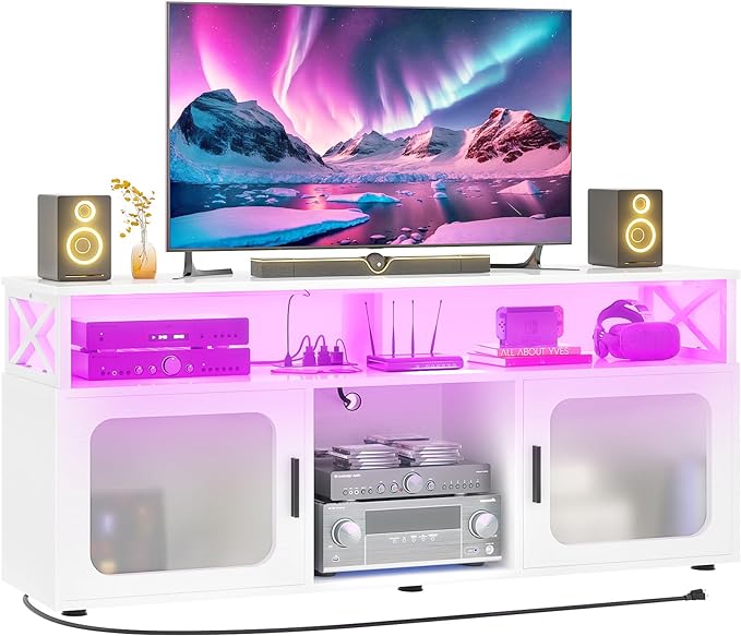 Aheaplus TV Stand for 55 60 Inch TV, Entertainment Center with LED Light & Charging Station, TV Console Table, Large Media Console Cabinet w/Soundbar Shelf, Cord Holes, for Living Room, Bedroom, White - LeafyLoom