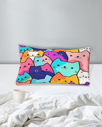 Cat Comforter Set Twin - Twin Size Comforter Set for Girls Cat Kids Cute Cat Bedding Twin Colorful Cartoon Cat Theme Bedding Sets, 1 Comforter+1 Pillowcase - LeafyLoom