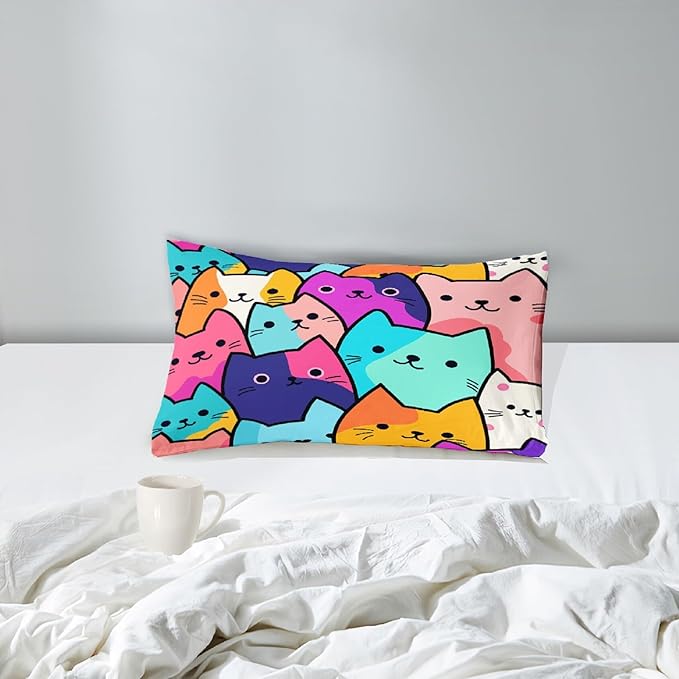 Cat Comforter Set Twin - Twin Size Comforter Set for Girls Cat Kids Cute Cat Bedding Twin Colorful Cartoon Cat Theme Bedding Sets, 1 Comforter+1 Pillowcase - LeafyLoom