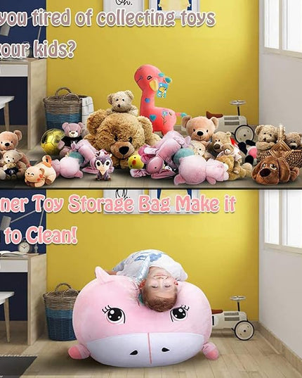 Girls Unicorn Bean Bag Chair Pink, Stuffed Animal Storage Organizer for Kids Room Decor, Extra Large Size, Velvet Super Soft Cover Only - LeafyLoom