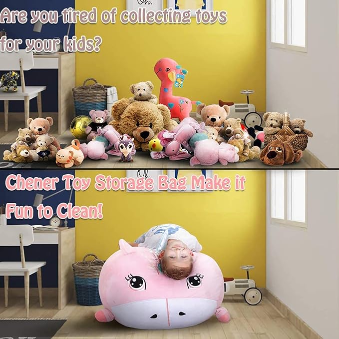 Girls Unicorn Bean Bag Chair Pink, Stuffed Animal Storage Organizer for Kids Room Decor, Extra Large Size, Velvet Super Soft Cover Only - LeafyLoom