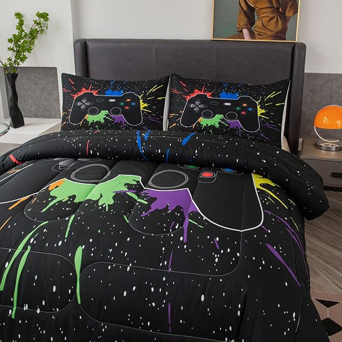 Game Console Comforter Set for Boys 3D Gaming Lightweight Microfiber Bedding Sets Black Gamer Printed Quilt Set Teens Room Decor - LeafyLoom