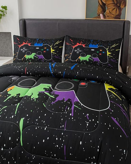 Game Console Comforter Set for Boys 3D Gaming Lightweight Microfiber Bedding Sets Black Gamer Printed Quilt Set Teens Room Decor - LeafyLoom
