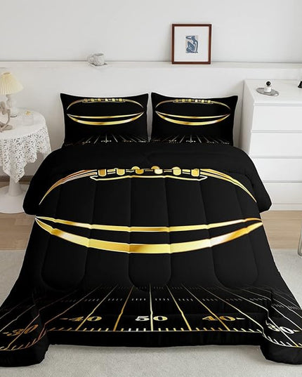 Feelyou Football Bedding Set Twin Kids Rugby Sports Comforter Set American Football Comforter Set for Boys Golden Black Room Decor Lightweight Quilt Set with 1 Pillow Case - LeafyLoom