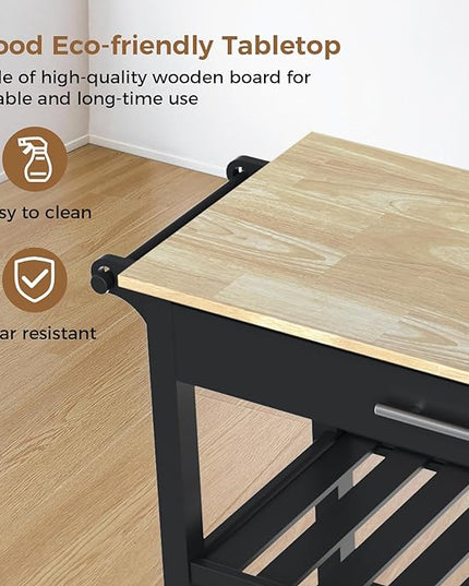 45" Kitchen Island Cart, 3 Tier Kitchen Island on Wheels with Storage Drawer, 2 Shelves & Towel Rack, Rolling Kitchen Island with Wood Top, Simple Design Island Table for Kitchen, Dark Black - LeafyLoom
