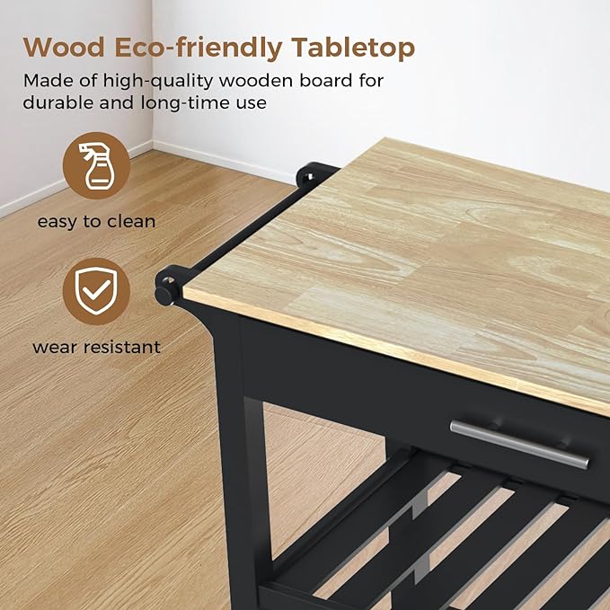 45" Kitchen Island Cart, 3 Tier Kitchen Island on Wheels with Storage Drawer, 2 Shelves & Towel Rack, Rolling Kitchen Island with Wood Top, Simple Design Island Table for Kitchen, Dark Black - LeafyLoom