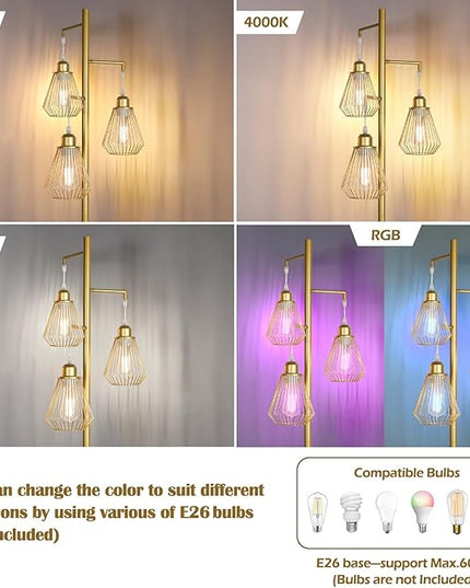 QiMH Industrial Floor Lamps for Living Room, Tree Standing Lamp with 3 Teardrop Cage Shades, 68" Modern Tall Lamps for Bedroom Office Home Light Decor, E26 Socket, Pedal Switch, Brass Gold - LeafyLoom
