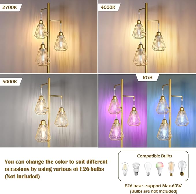 QiMH Industrial Floor Lamps for Living Room, Tree Standing Lamp with 3 Teardrop Cage Shades, 68" Modern Tall Lamps for Bedroom Office Home Light Decor, E26 Socket, Pedal Switch, Brass Gold - LeafyLoom