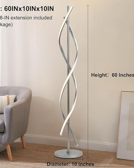 LED Floor Lamps for Living Room, Silver Modern Floor Lamp for Bedroom 60 Inch Spiral Floor Lamp 34W Dimmable 3 Color Temperature Standing Lamp with Timer Corner Floor Lamps for Living Room Clearance - LeafyLoom