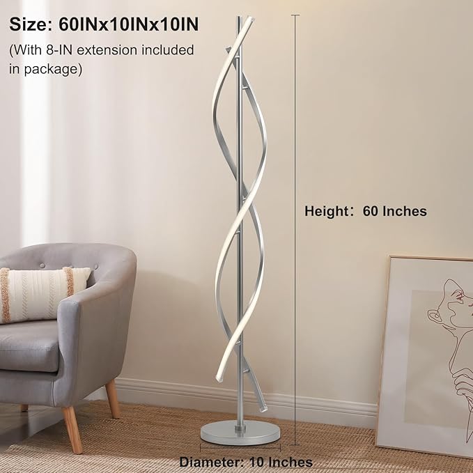 LED Floor Lamps for Living Room, Silver Modern Floor Lamp for Bedroom 60 Inch Spiral Floor Lamp 34W Dimmable 3 Color Temperature Standing Lamp with Timer Corner Floor Lamps for Living Room Clearance - LeafyLoom