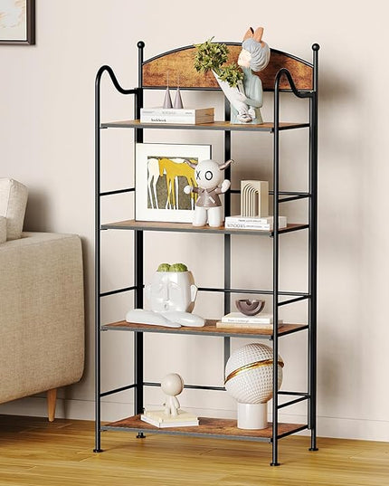 Folding Bookshelf No Assembly, 4 Shelf Black Folding Bookcase with Sturdy Metal Frame, Vintage Open Standing Collapsible Shelves for Bedroom, Living Room, Home Office Organization - LeafyLoom