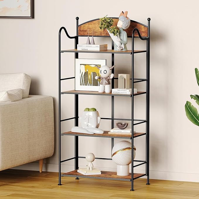 Folding Bookshelf No Assembly, 4 Shelf Black Folding Bookcase with Sturdy Metal Frame, Vintage Open Standing Collapsible Shelves for Bedroom, Living Room, Home Office Organization - LeafyLoom