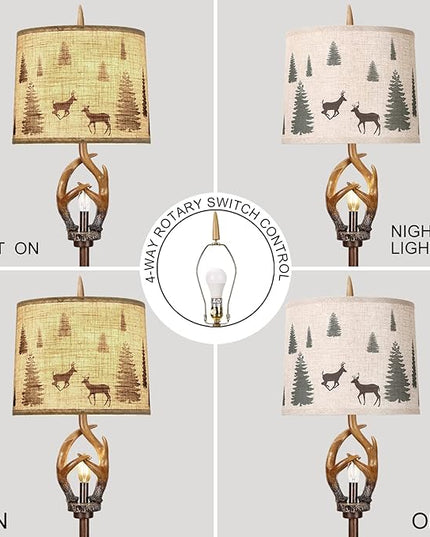 Scenekoy Rustic Farmhouse Antlers Floor Lamp with Nightlight Brown Finish Round Shade Lamps for Living Room Bedroom Office Study House - LeafyLoom