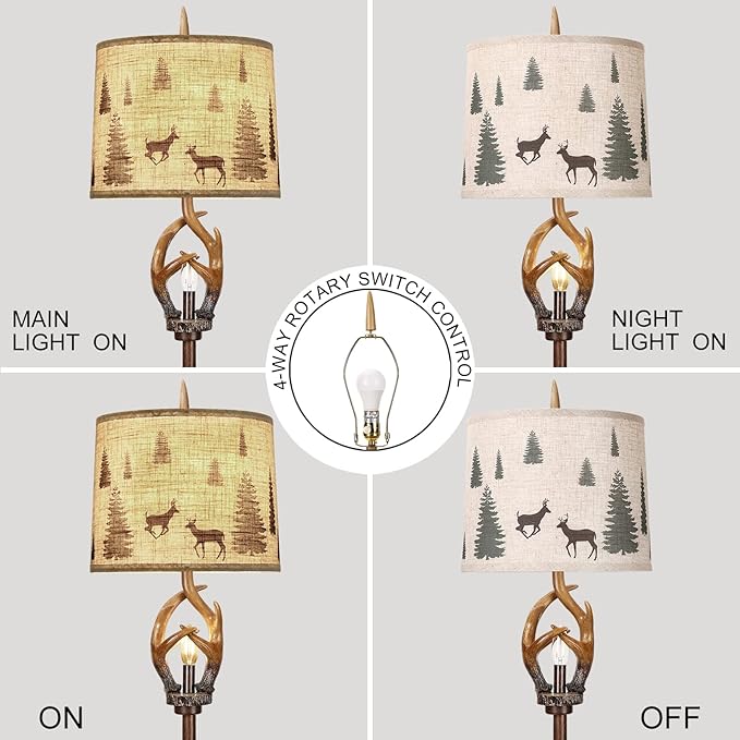 Scenekoy Rustic Farmhouse Antlers Floor Lamp with Nightlight Brown Finish Round Shade Lamps for Living Room Bedroom Office Study House - LeafyLoom