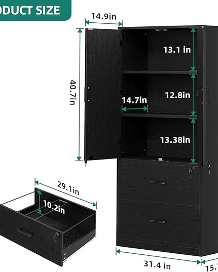 YITAHOME Wood File Cabinets, Heavy Duty Garage Tool Cabinets with Doors & Adjustable Shelves, Big Storage Filing Lockers for Home Office, Living Room, Pantry, Gym, Basement, Warehouse, Black - LeafyLoom