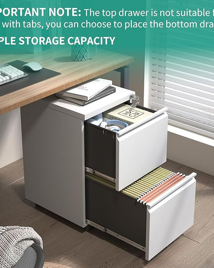2 Drawer Mobile File Cabinet with Lock,Under Desk Metal Filing Cabinet for Home Office, Metal Small Rolling File Cabinet with 2 Keys for Legal/Letter/A4 Size Fully Assembled Except Wheels (White) - LeafyLoom