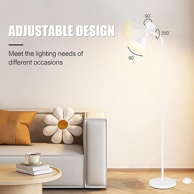 PARTPHONER Floor Lamp for Living Room, Modern Adjustable Metal Heads Standing Lamps, Simple Design White Floor Lamp with Foot Switch for Bedroom, Office, Kids Room, Reading, Working(Bulb Not Included) - LeafyLoom
