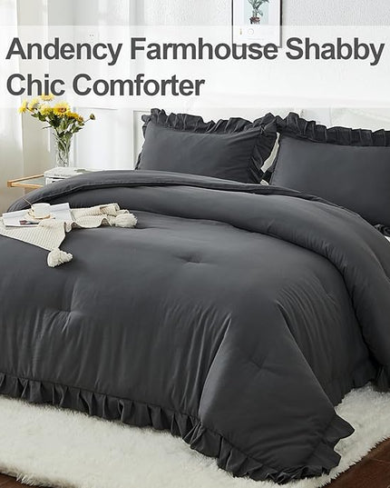 Andency Dark Gray Twin Size Comforter, 2 Pieces Kids All Season Ruffle Bed Comforter Set, Boho Lightweight Solid Farmhouse Shabby Chic Bedding Comforters & Sets (66x90Inch Comforter) - LeafyLoom
