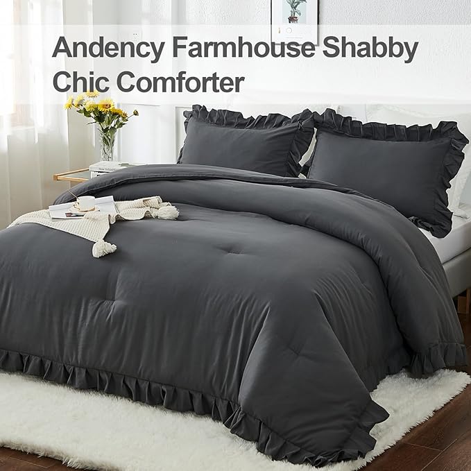 Andency Queen Comforter Set Dark Gray, 3 Pieces Boho Lightweight Summer Solid Bedding Comforters & Sets, Double Women Men Grey Ruffle Farmhouse Bed Set (90x90In Comforter & 2 Pillowcases) - LeafyLoom