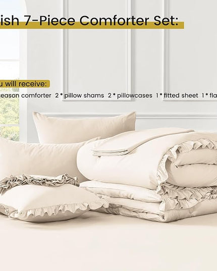 King Size Bed in a Bag 7 Pieces King Size Comforter Set, Ruffle Shabby Chic Bedding Comforter Set Birch Bed Set with Comforter, Pillowcases, Flat Sheet, Fitted Sheet and Pillow Shams - LeafyLoom