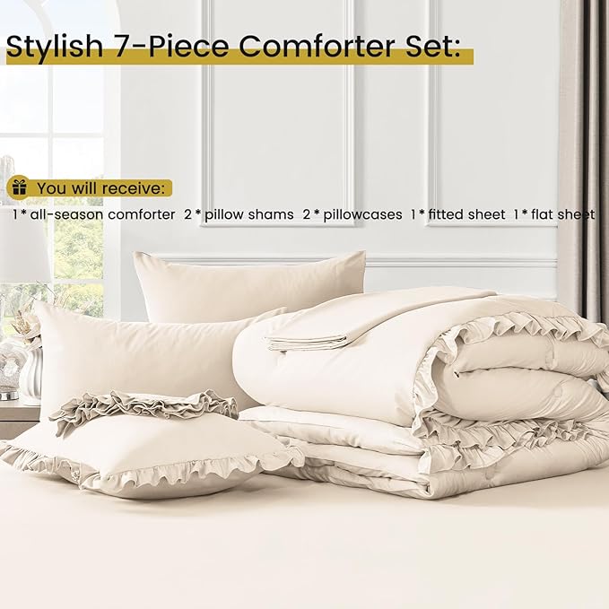 Full Bed in a Bag 7 Pieces Full Size Comforter Set, Ruffle Shabby Chic Bedding Comforter Set Birch Bed Set with Comforter, Pillowcases, Flat Sheet, Fitted Sheet and Pillow Shams - LeafyLoom