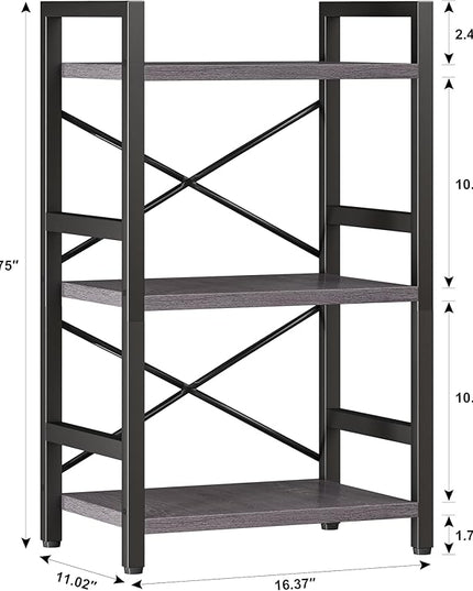 Bookshelf, 3 Tier Industrial Bookcase, Metal Small Bookcase, Rustic Etagere Book Shelf Storage Organizer for Living Room, Bedroom, and Home Office(Grey) Patent Pending D29873033 - LeafyLoom