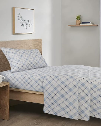 Comfort Spaces Cotton Flannel Breathable Warm Deep Pocket Sheets With Pillow Case Bedding, Twin, Plaid Blue, 3 Piece - LeafyLoom