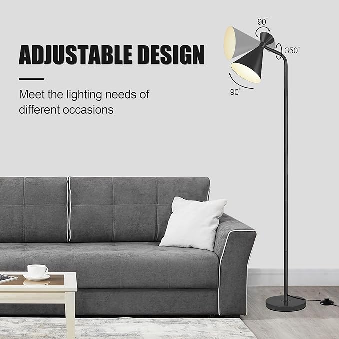 PARTPHONER Floor Lamp for Living Room, Modern Adjustable Metal Heads Standing Lamps, Simple Design Black Floor Lamp with Foot Switch for Bedroom, Office, Kids Room, Reading, Working(Bulb Not Included) - LeafyLoom