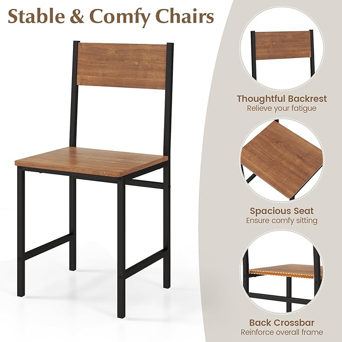 LDAILY Moccha Dining Table Set for 4, Wooden Kitchen Table with with 2 Chairs and a Long Bench, Modern 4-Piece Dinette with Metal Frame & Storage Rack, Space-Saving Table Set for Dining Room, Teak - LeafyLoom
