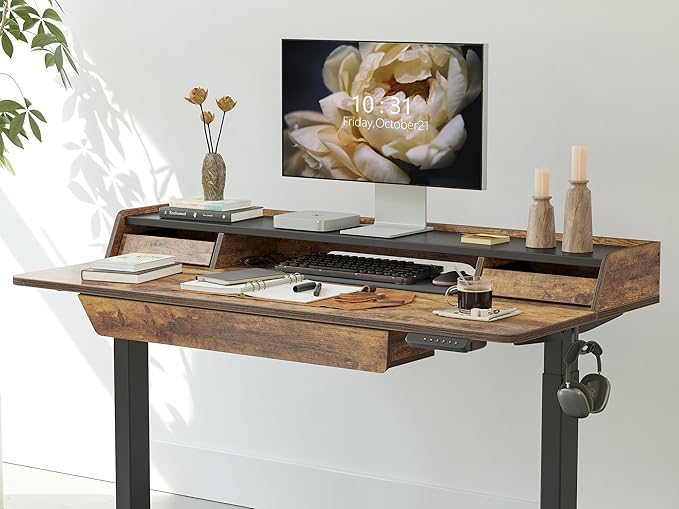 FEZIBO Standing Desk Adjustable Height with Drawers, 48 x 25 Inch Stand Up Desk with Storage Shelf, Electric Standing Desk with Storage Space, Rustic Brown Top/Black Frame - LeafyLoom