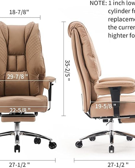 Big and Tall Office Chair 400lbs Wide Seat, Leather High Back Executive Office Chair with Foot Rest, Ergonomic Office Chair Lumbar Support for Lower Back Pain Relief (Brown) - LeafyLoom