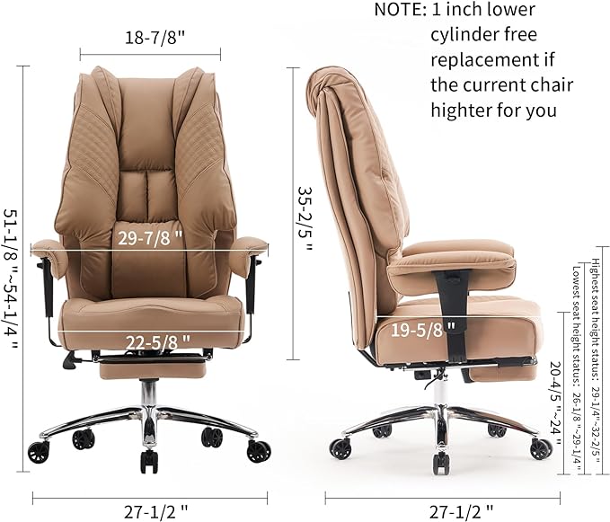 Big and Tall Office Chair 400lbs Wide Seat, Leather High Back Executive Office Chair with Foot Rest, Ergonomic Office Chair Lumbar Support for Lower Back Pain Relief (Brown) - LeafyLoom