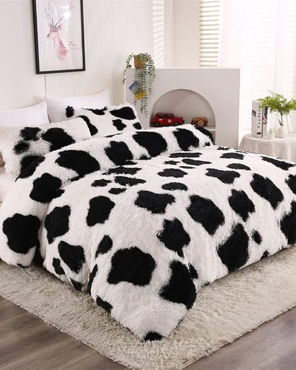Faux Fur Kids Girls Cow Print Comforter Sets Queen - 3PC Bed Set Warm Comfortable Soft Plush Flannel Velvet Fluffy Fuzzy Bedding（Comforter x 1 Pillowcases x 2） - LeafyLoom